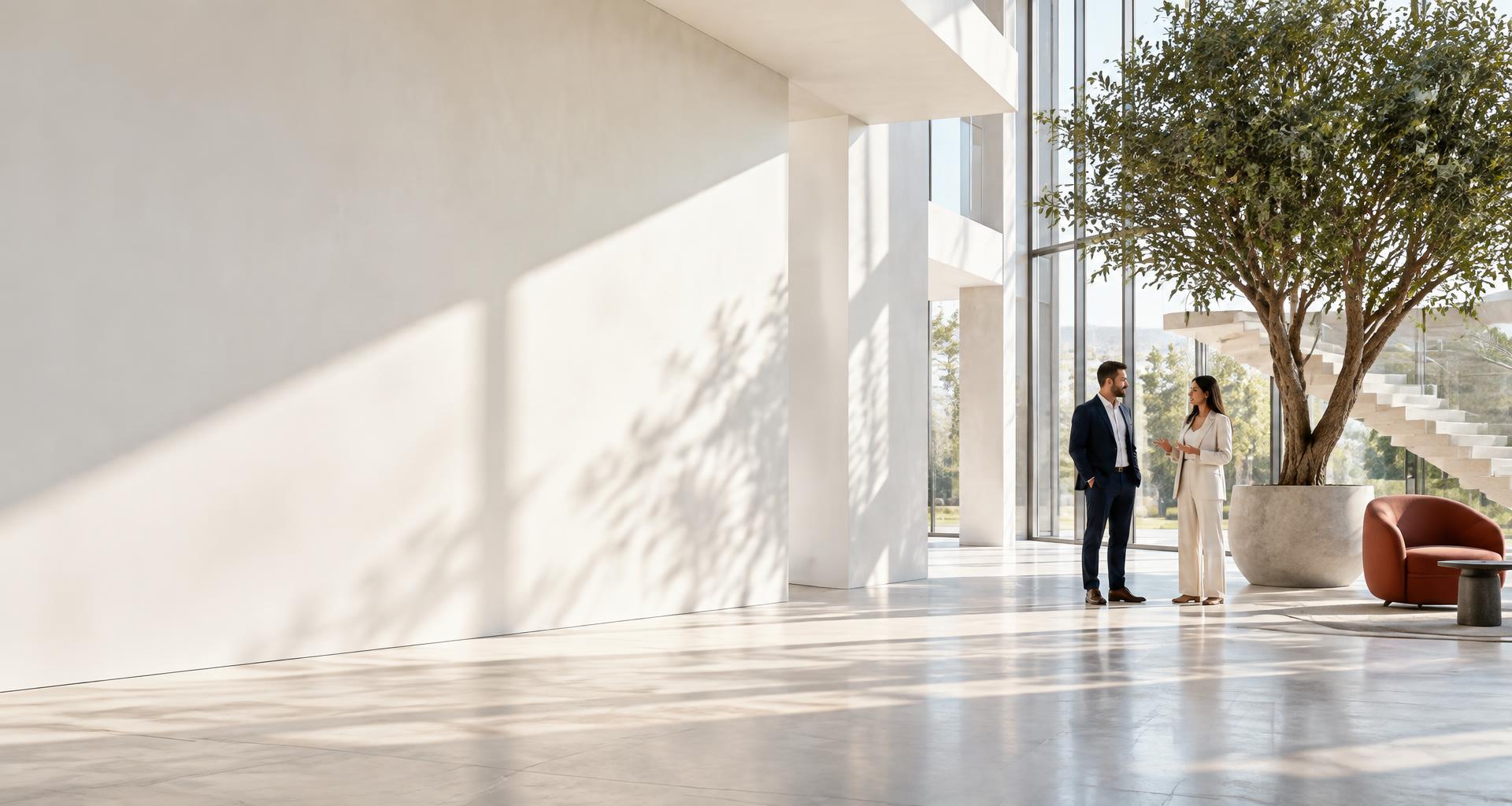 A bright, open workplace with two people in conversation